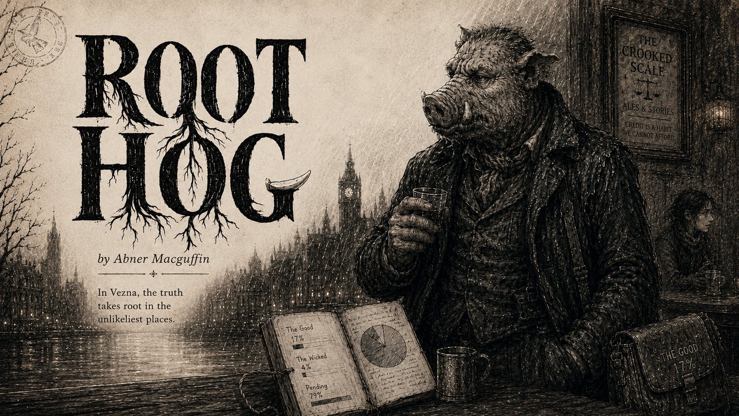 Root Hog, by Abner Macguffin. In Vezna, the truth takes root in the unlikeliest places. The hog at the Crooked Scale, census notebook open: The Good 17%.
