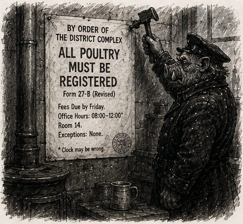 A constable nails up a decree: all poultry must be registered, Form 27-B.