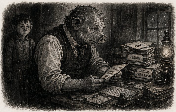 Root’s father at a desk piled with papers marked favor, permit, special consideration, young Root watching.