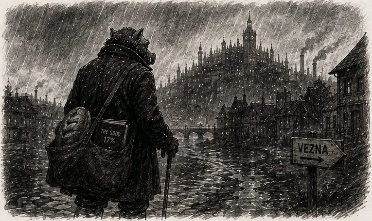 Root walks out of town in the rain, notebook in his satchel, past a sign reading VEZNA.