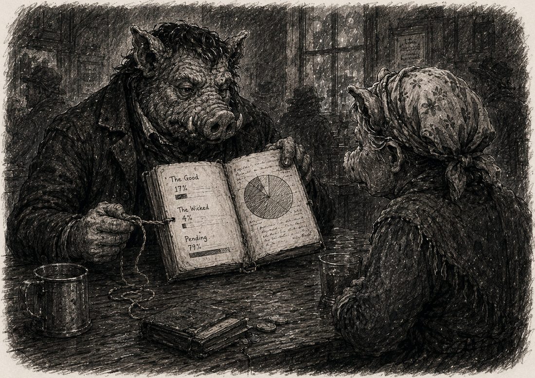 Root Hog shows an elderly villager the notebook: The Good 17%, The Wicked 4%, Pending 79%.