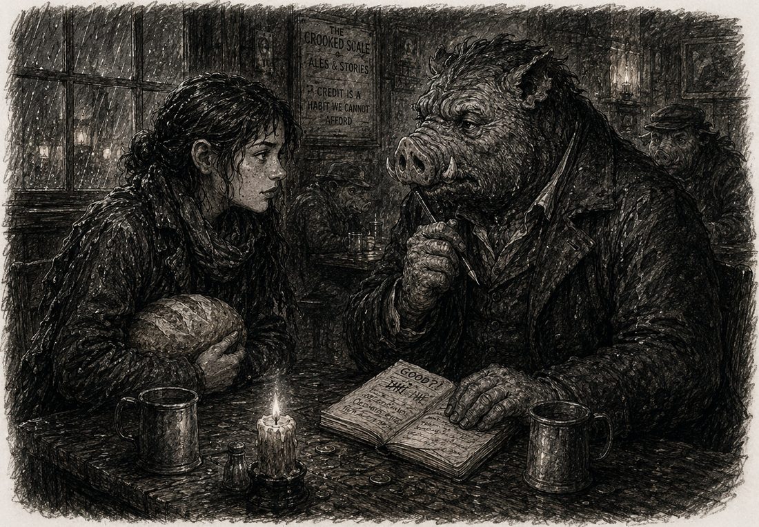 Tess Vale, holding a loaf of bread, argues across a tavern table with Root Hog and his tally notebook.
