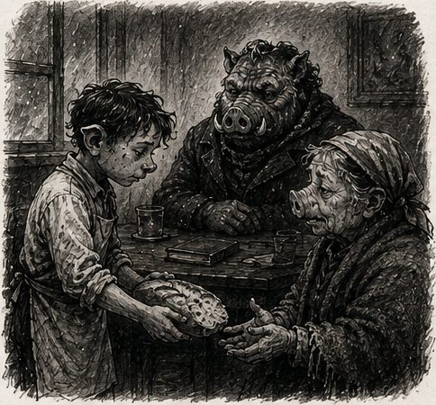 The potboy returns a coin to an old woman at the tavern table.