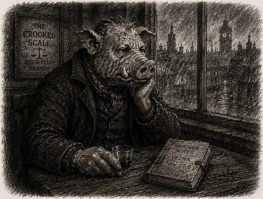 Root Hog at a window table in The Crooked Scale, rain outside, a notebook labeled Weather Notes, Vezna.