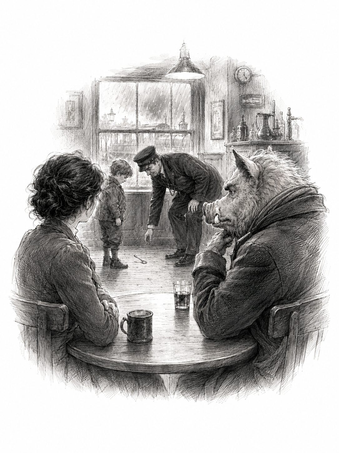 Root and Tess at a table in The Crooked Scale as the potboy sets down a glass.